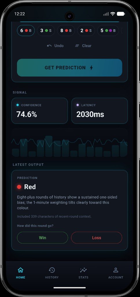 Wingo Analyzer showing RED prediction with confidence and rationale